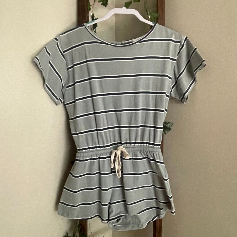 Steel Blue Romper with Navy Stripes – Cinched Waist Fit